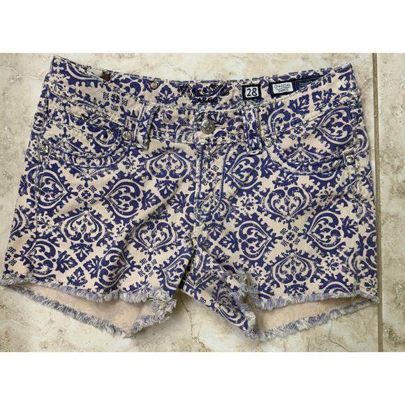 Miss Me Shorts 28 Purple & White Patterned Embellished Rhinestone Fleur de Lis - Picture 1 of 8